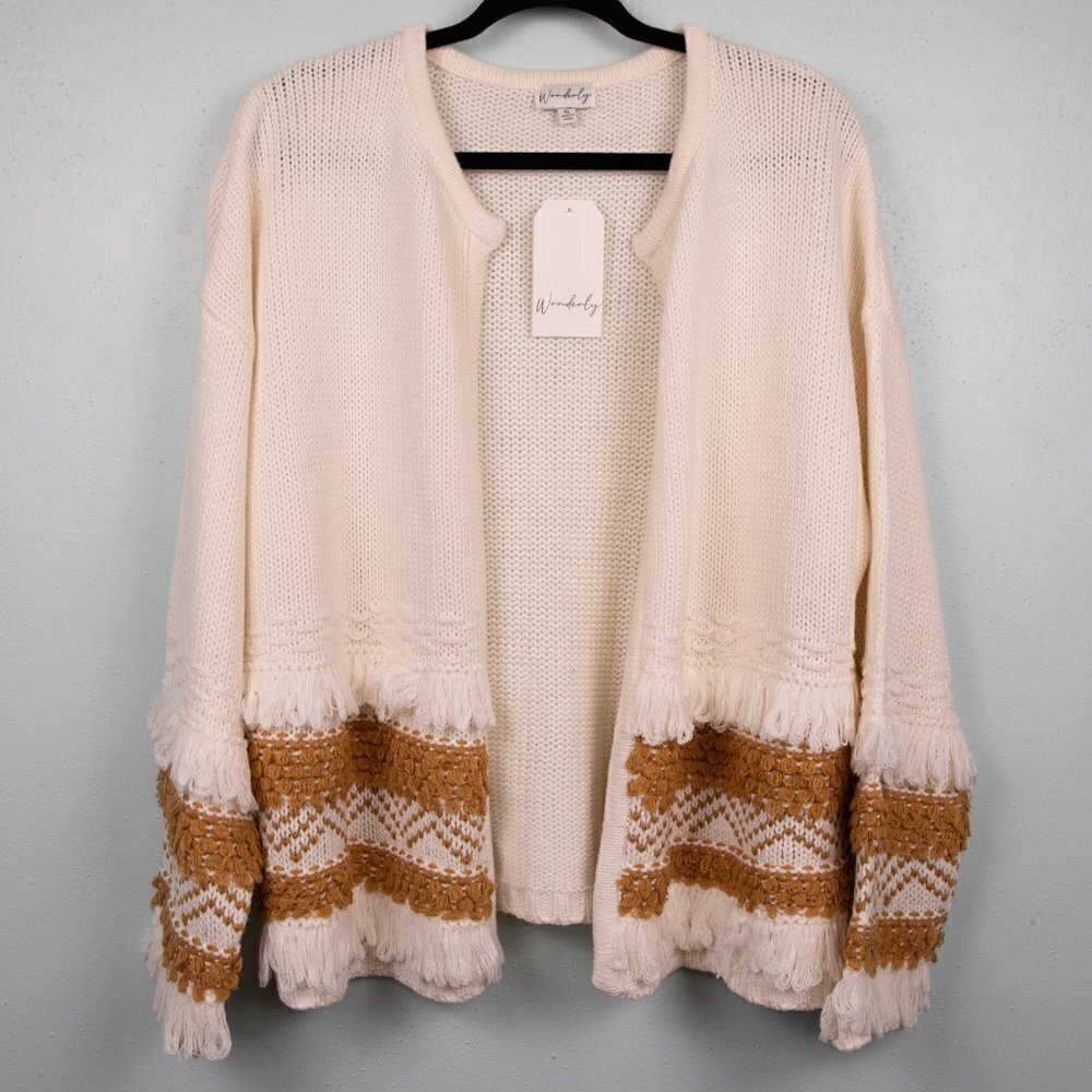 Wonderly cream and tan fringe open cardigan NWT-XL